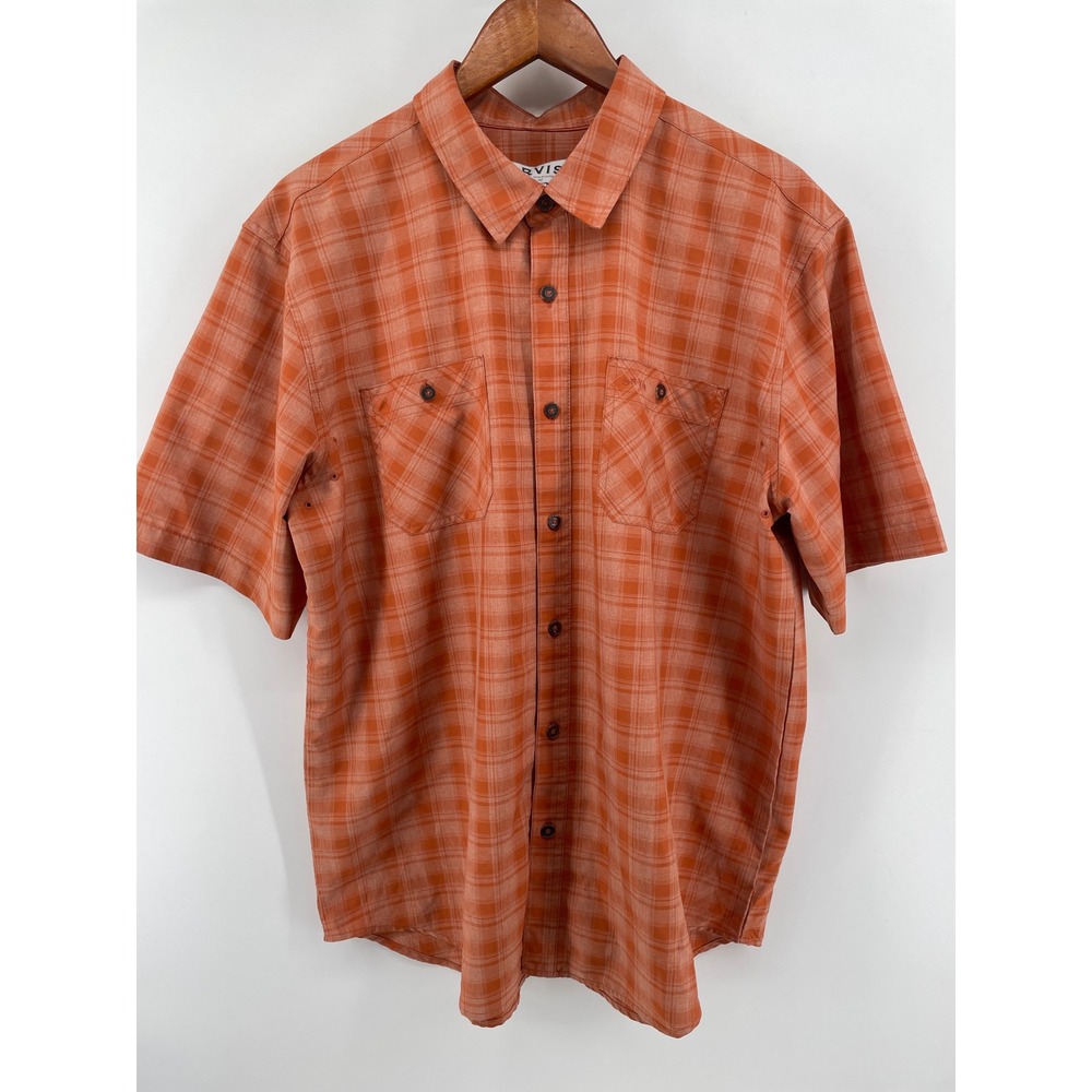 Orvis Hiking Shirt Mens XL Orange Plaid Outdoor Performance Short Sleeve Utility